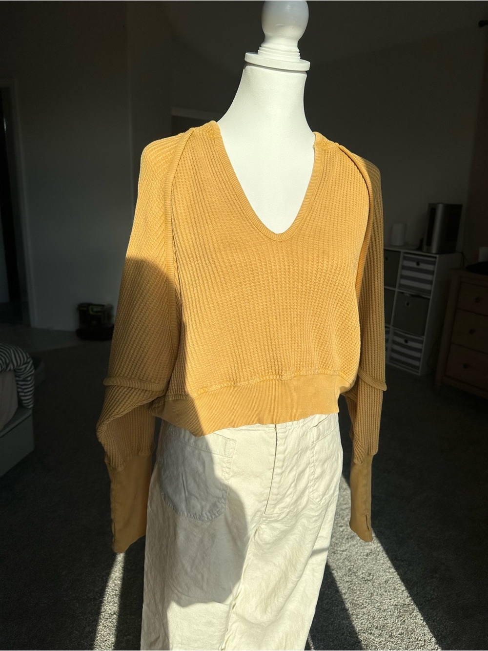Women’s V-Neck Waffle Knit Sweater - Mustard